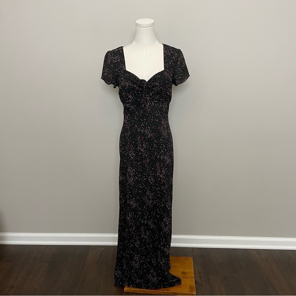 Vintage Y2K Maxi Dress Sweetheart Neckline Heart Flower Print Whimsical Black